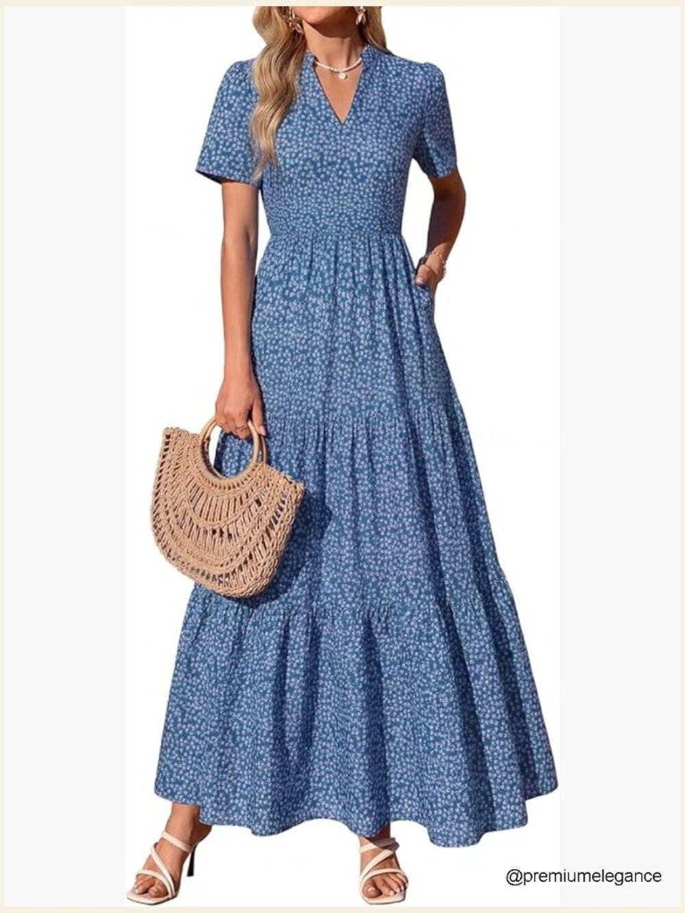 Soft Floral Maxi Dress with V-Neck, Pockets, Elastic Waist for Summer Casual